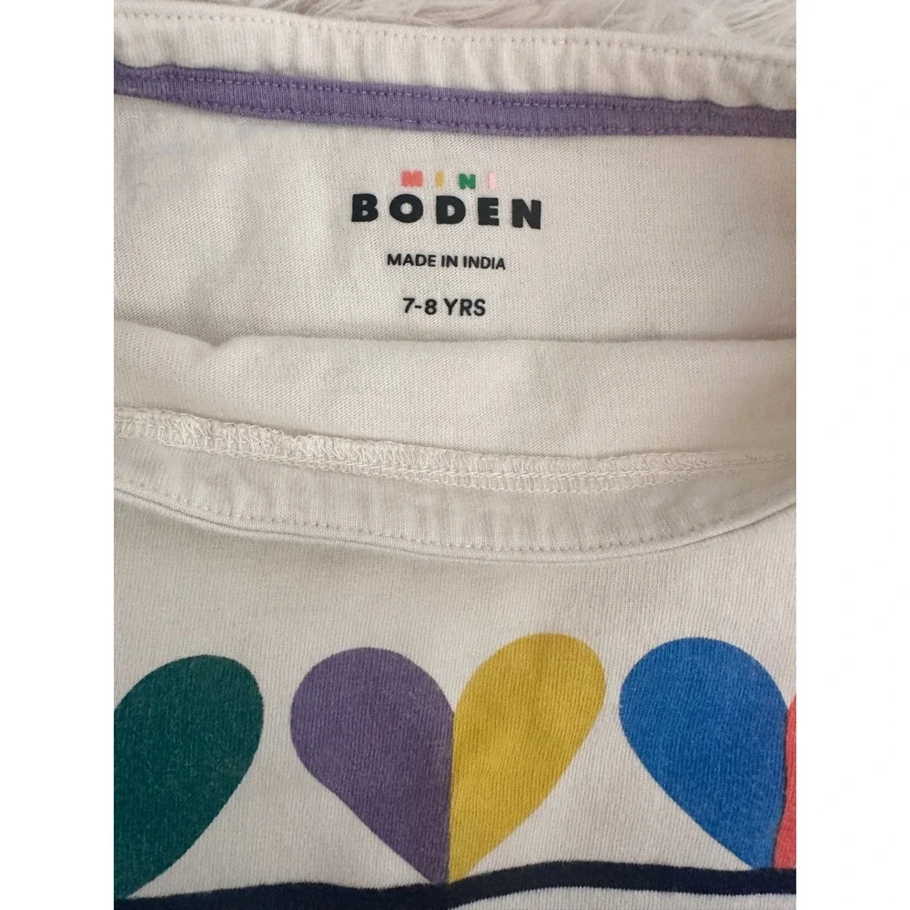 Mini Boden Girls Navy White Striped Rainbow Heart Long Sleeve Shirt Size 7-8Y